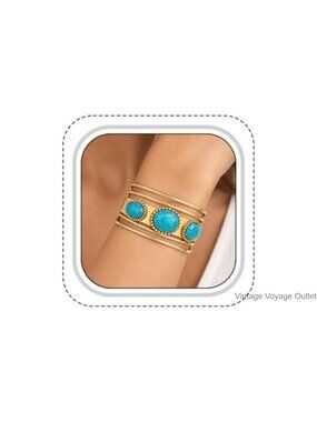 Western Cuff Bracelet Gold-Toned Turquoise Stone Boho Chic Jewelry